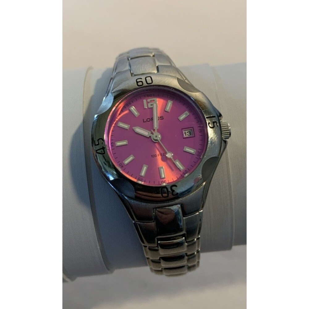 Vtg Lorus Quartz Watch Women’s Teens Pink Face Water Resistant Date Silver Tone